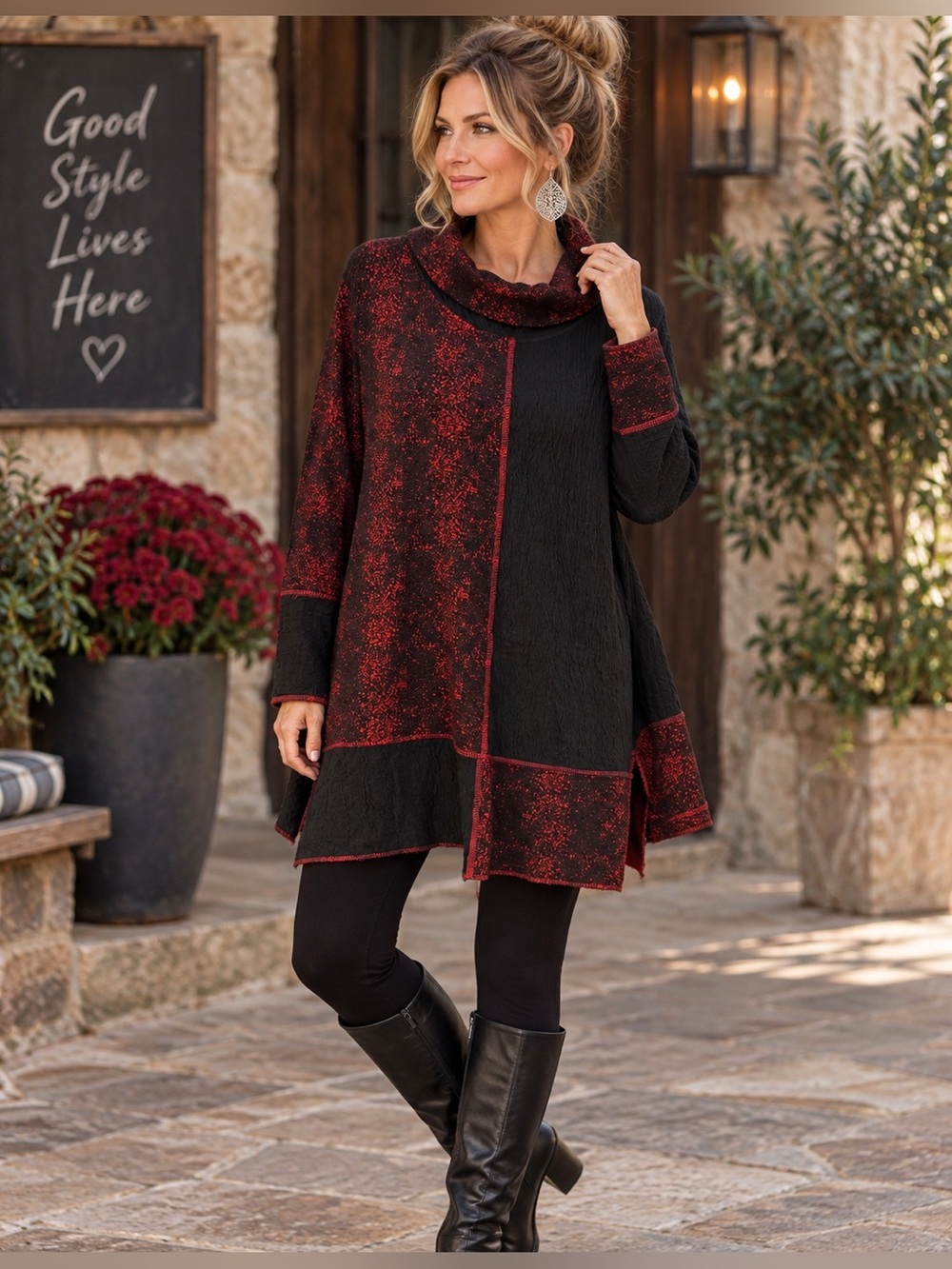 Ali Miles XL Black Red Colorblock Cowl Neck Tunic Top Lagenlook Artsy